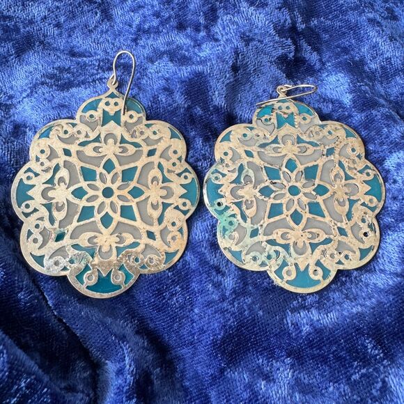 5/$25 Gold Teal Mandala Medallion Earrings - Picture 8 of 9